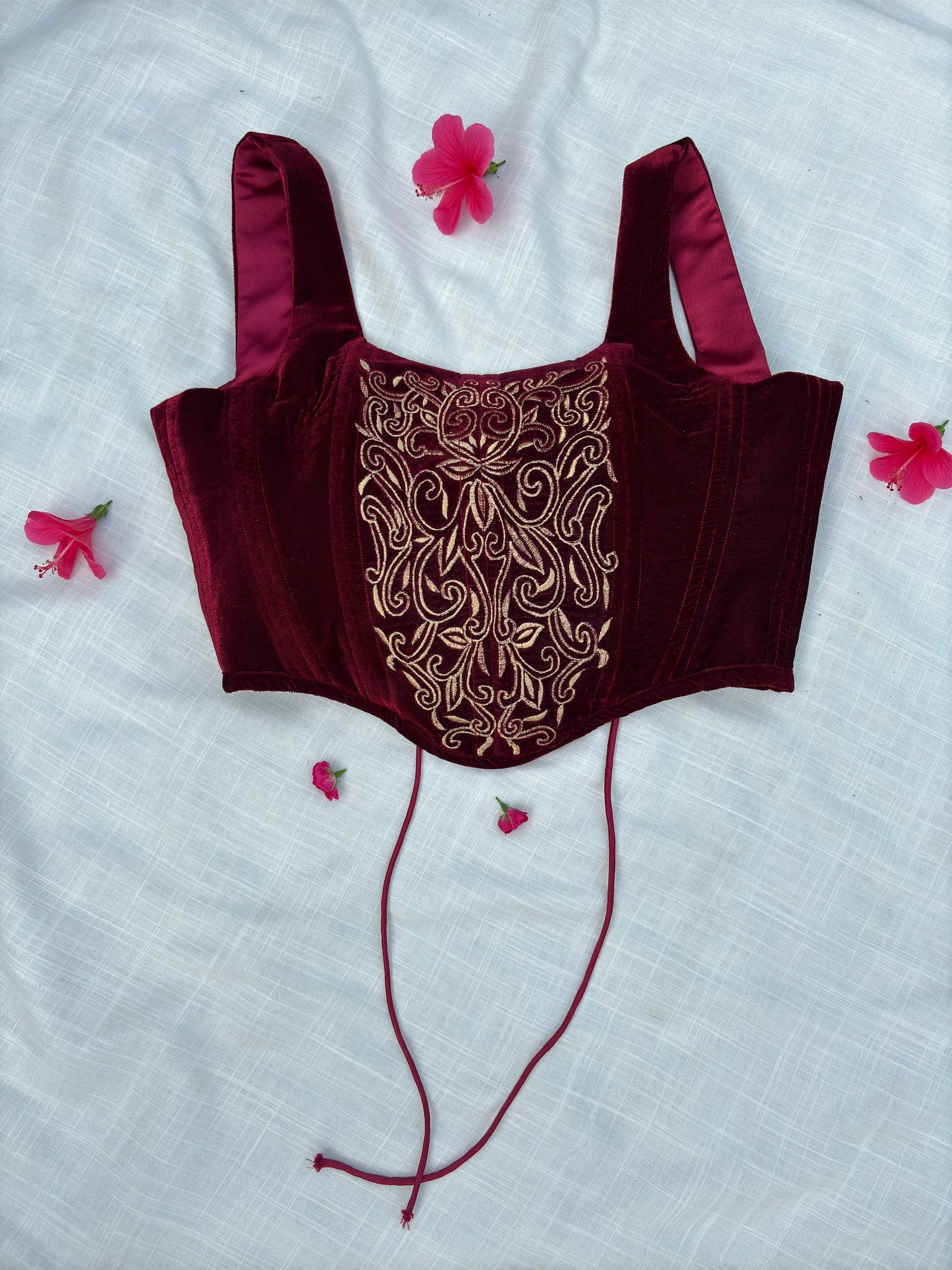 Elegant Microvelvet Embroidered Corset top with Zari Detailing