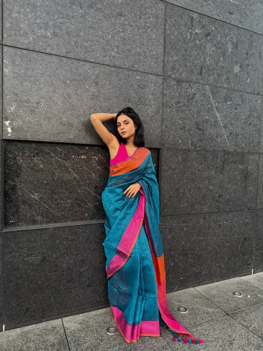 Blue shade Handmade Pure Linen Saree with Dual shade Border | KIHUMS Saree