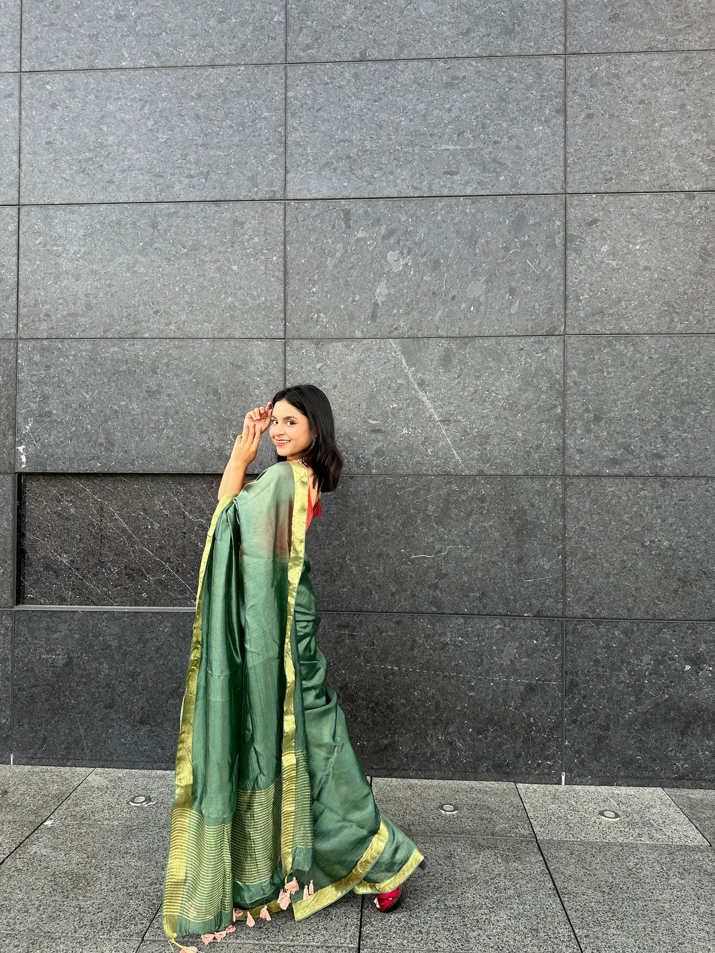 Dark Green Handmade Silk Viscose Saree | Gold Zari Border | KIHUMS Saree