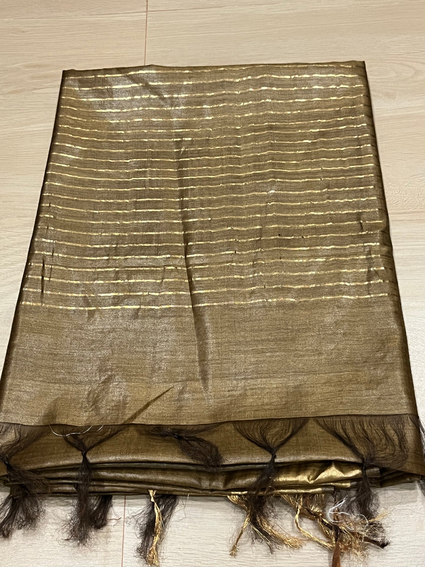 Golden brown Shade Handwoven Munga Tussar Silk Saree | Golden Zari Border | KIHUMS Saree