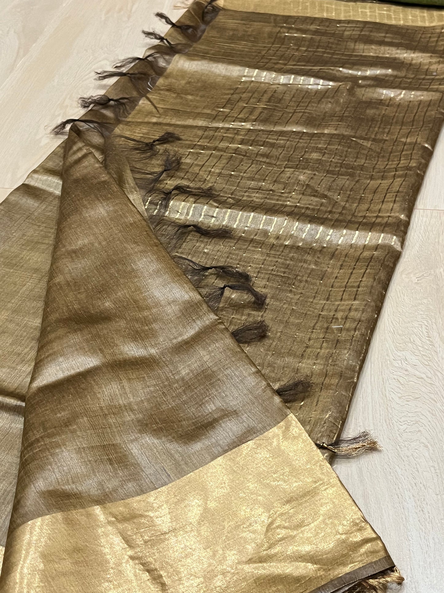 Golden brown Shade Handwoven Munga Tussar Silk Saree | Golden Zari Border | KIHUMS Saree