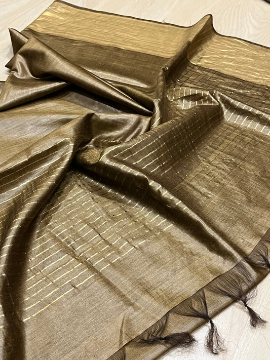 Golden brown Shade Handwoven Munga Tussar Silk Saree | Golden Zari Border | KIHUMS Saree