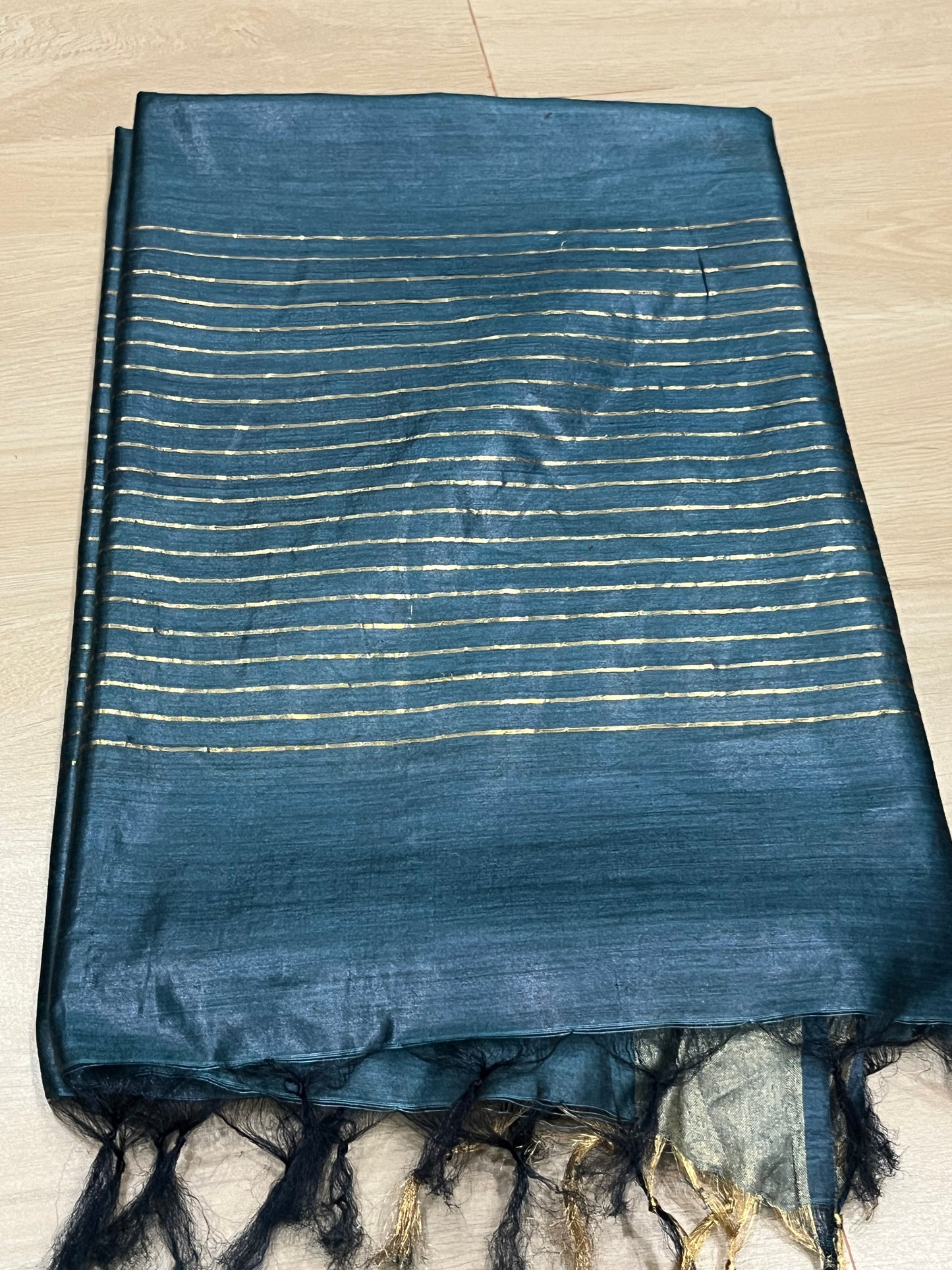 Blue Shade Handwoven Munga Tussar Silk Saree | Golden Zari Border | KIHUMS Saree