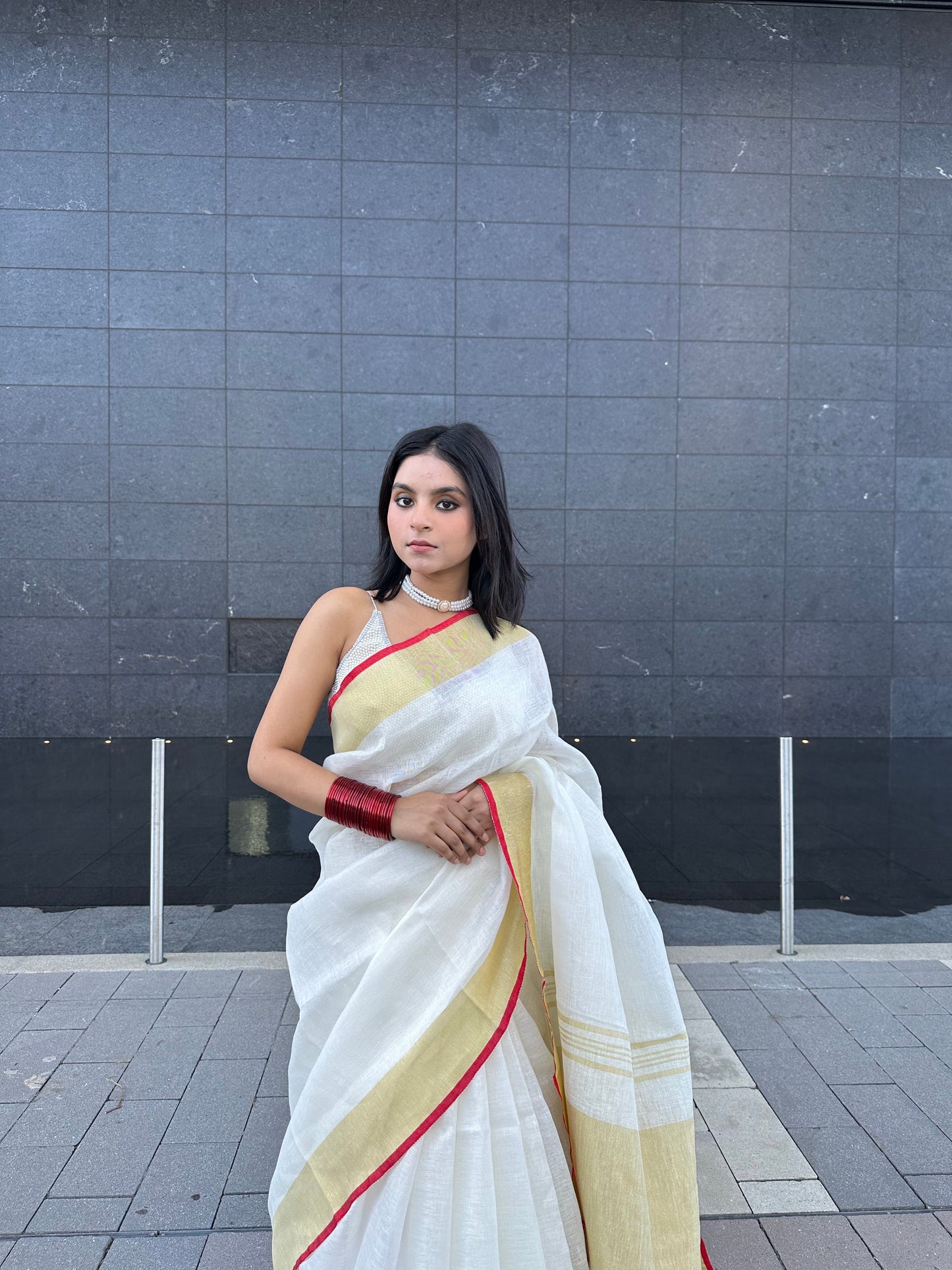 White Handwoven organic Linen Saree | Gold Zari border| KIHUMS Saree