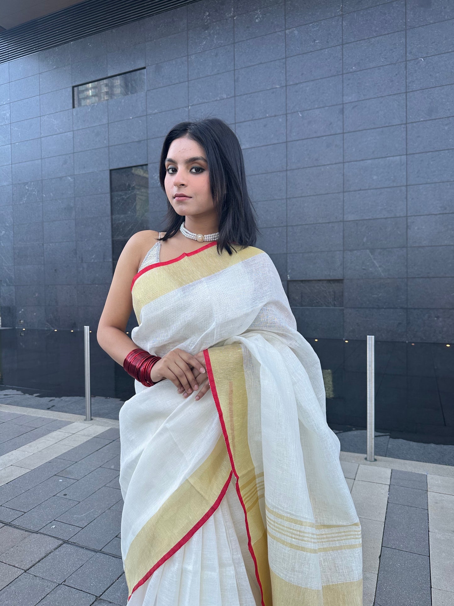 White Handwoven organic Linen Saree | Gold Zari border| KIHUMS Saree