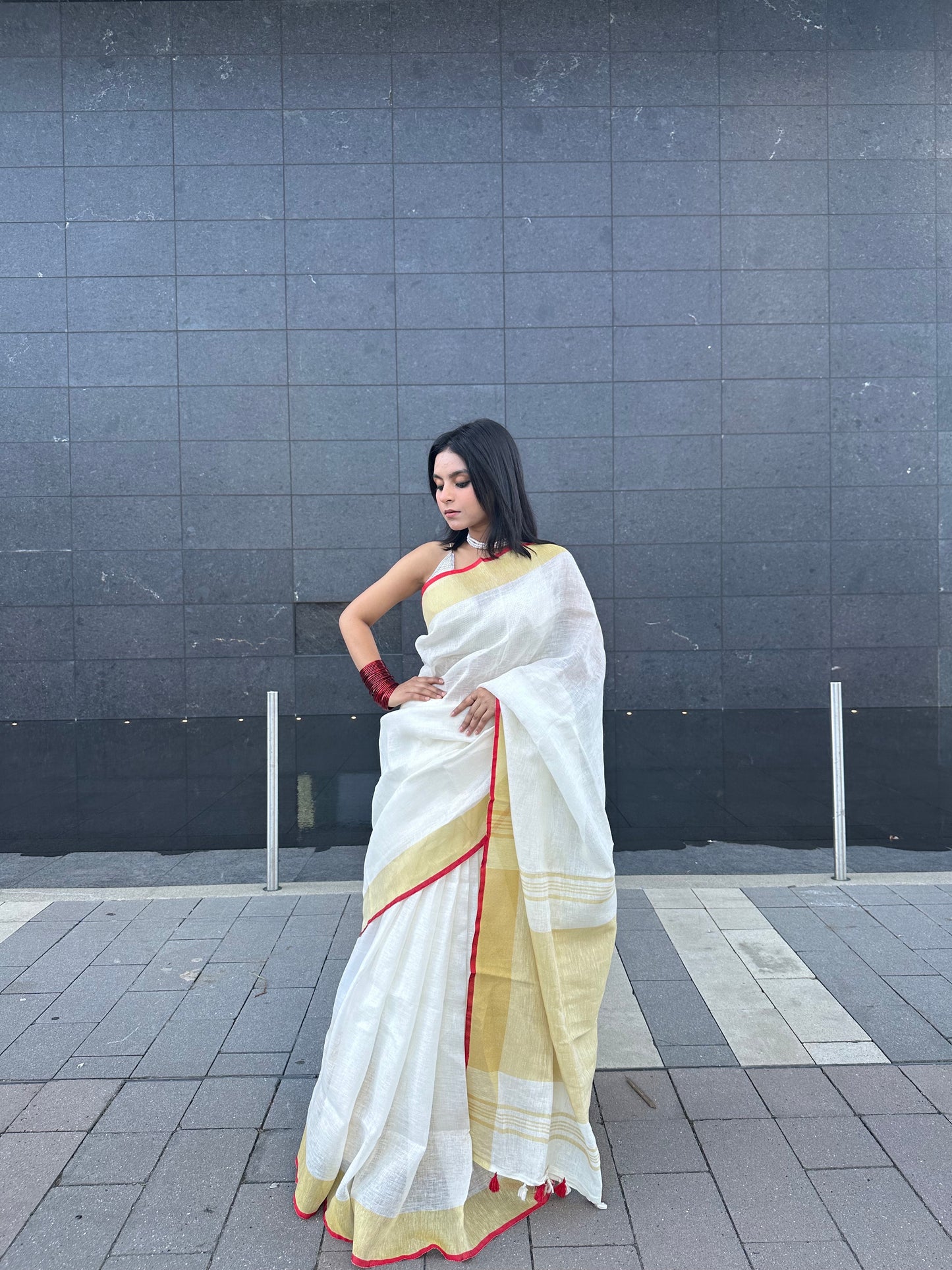 White Handwoven organic Linen Saree | Gold Zari border| KIHUMS Saree