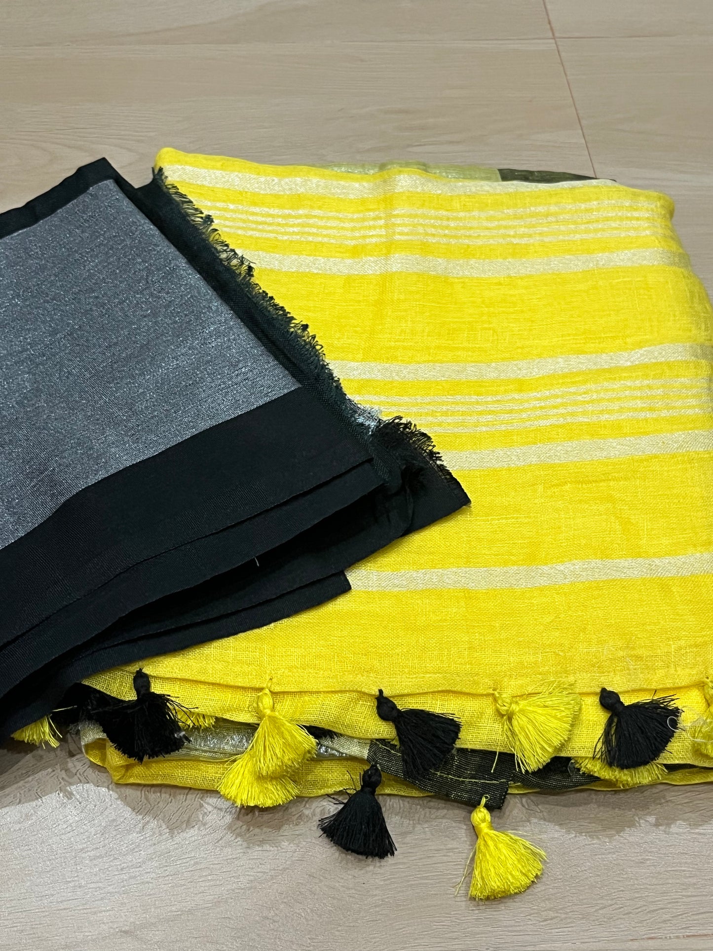 Yellow Handwoven organic Linen Saree | Silver border| KIHUMS Saree