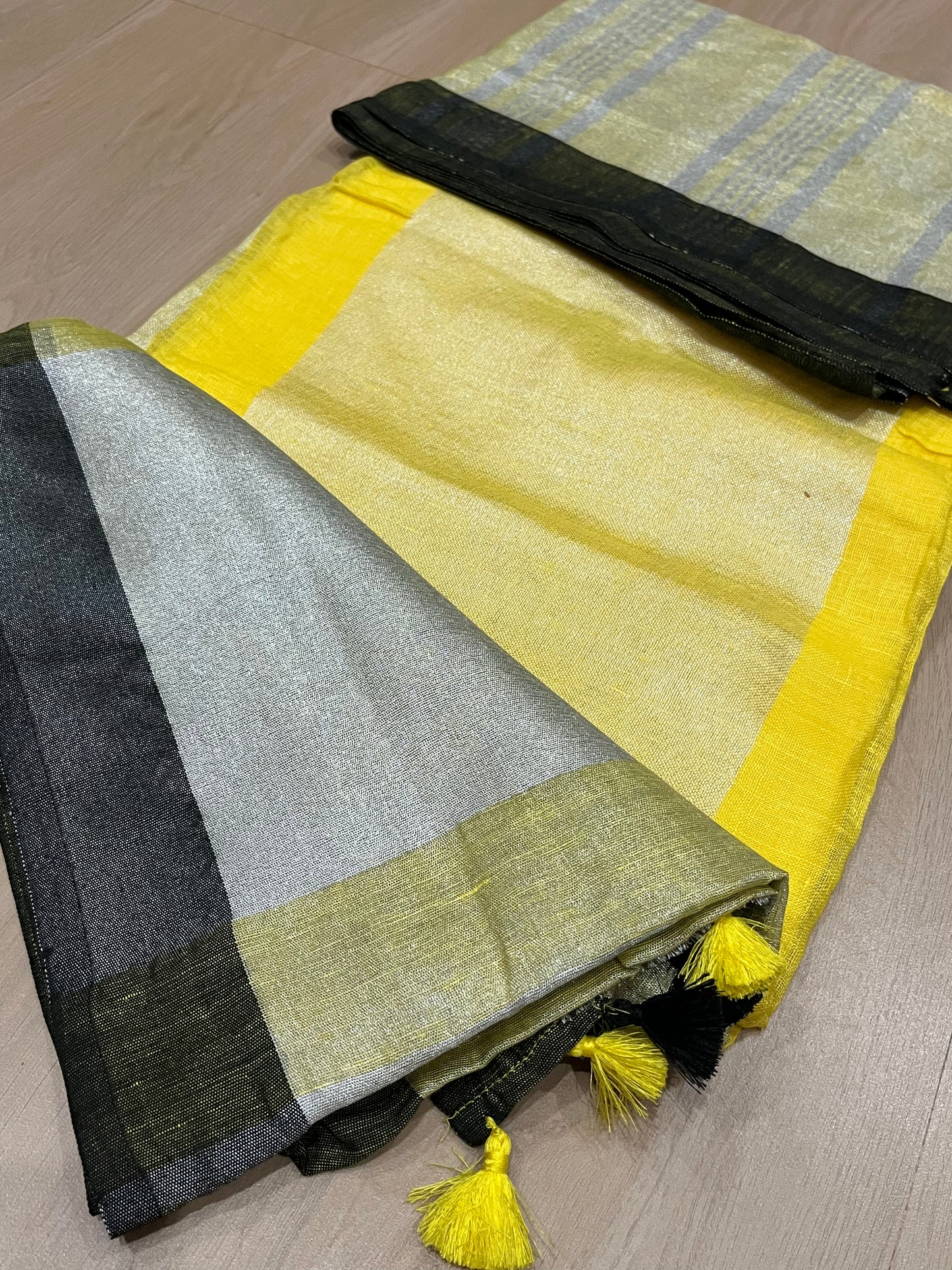 Yellow Handwoven organic Linen Saree | Silver border| KIHUMS Saree