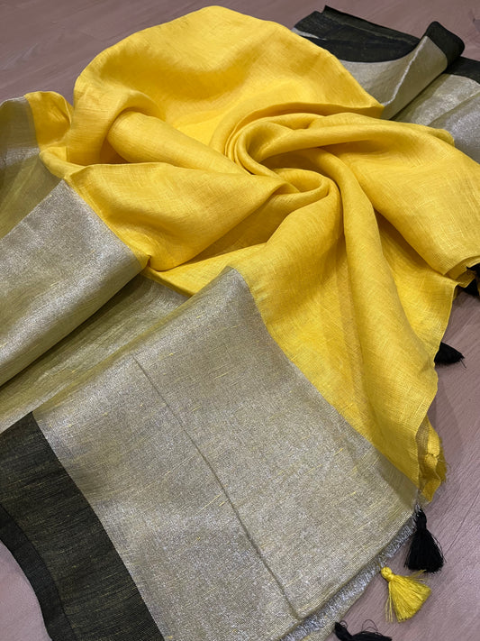 Yellow Handwoven organic Linen Saree | Silver border| KIHUMS Saree