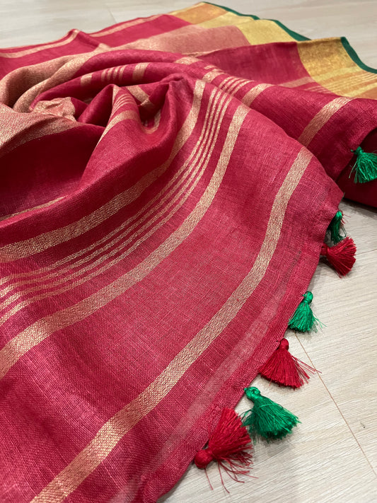 Red Handwoven organic Linen Saree |Gold Zari border| KIHUMS Saree