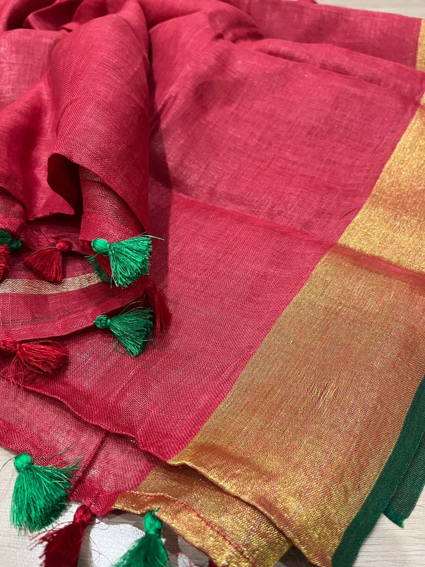 Red Handwoven organic Linen Saree |Gold Zari border| KIHUMS Saree