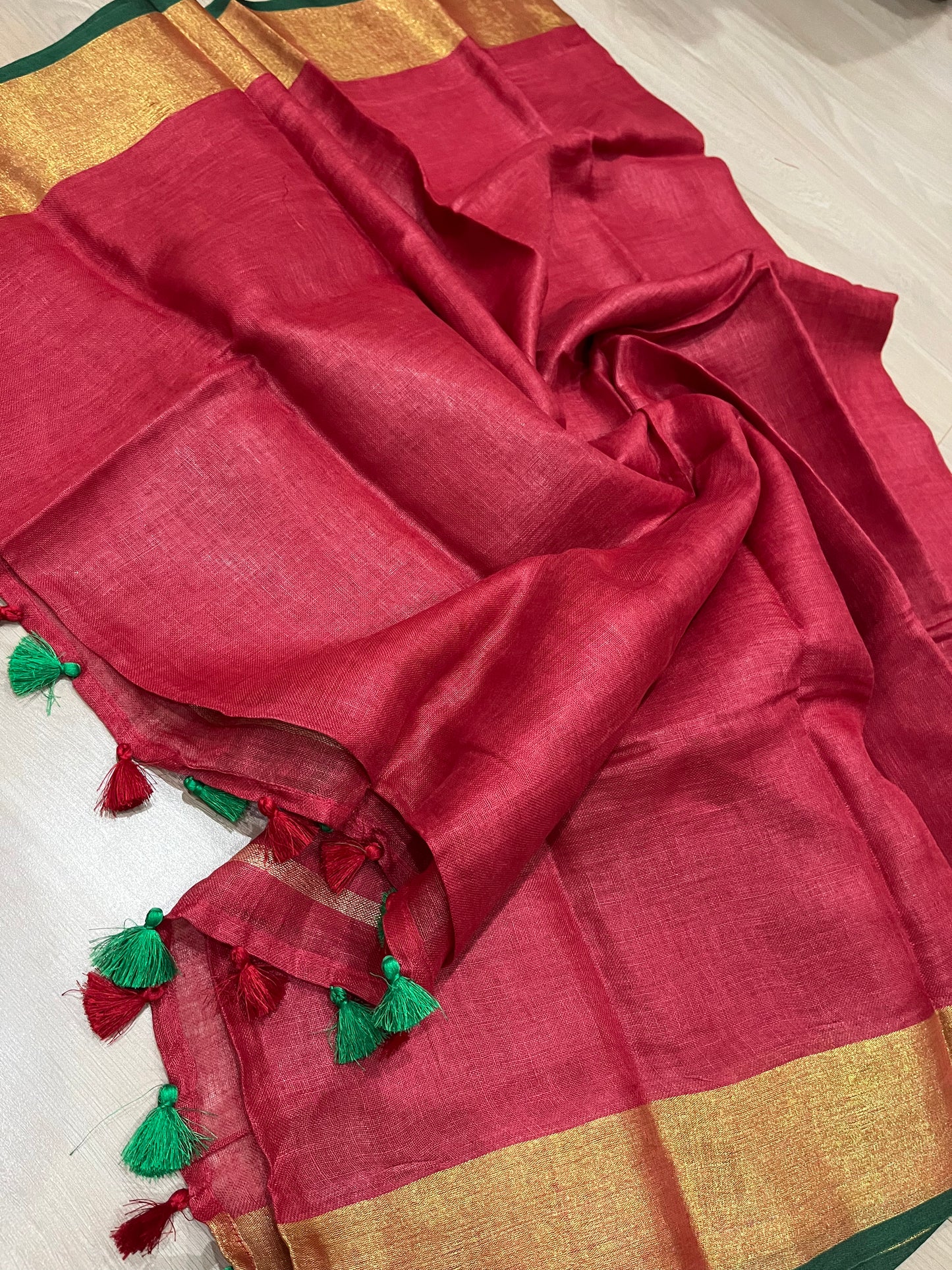 Red Handwoven organic Linen Saree |Gold Zari border| KIHUMS Saree