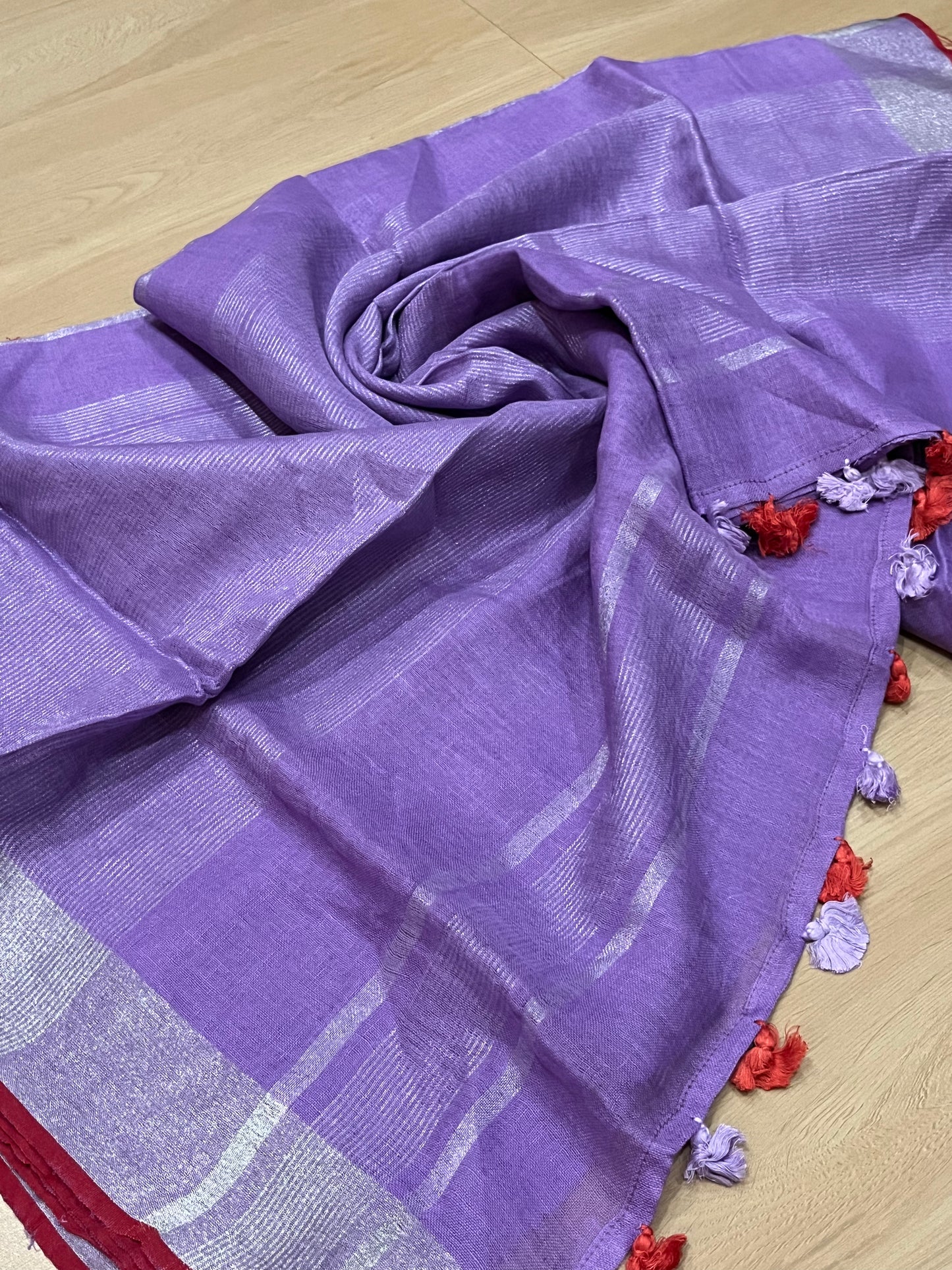 Lavender Handwoven organic Linen Saree |Silver Zari border| KIHUMS Saree