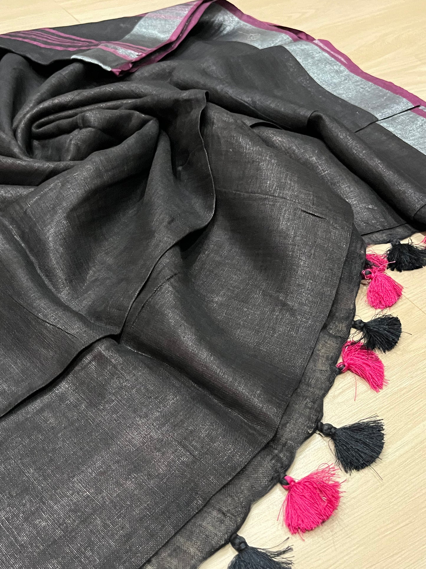 Black Handwoven organic Linen Saree |Silver Zari border| KIHUMS Saree