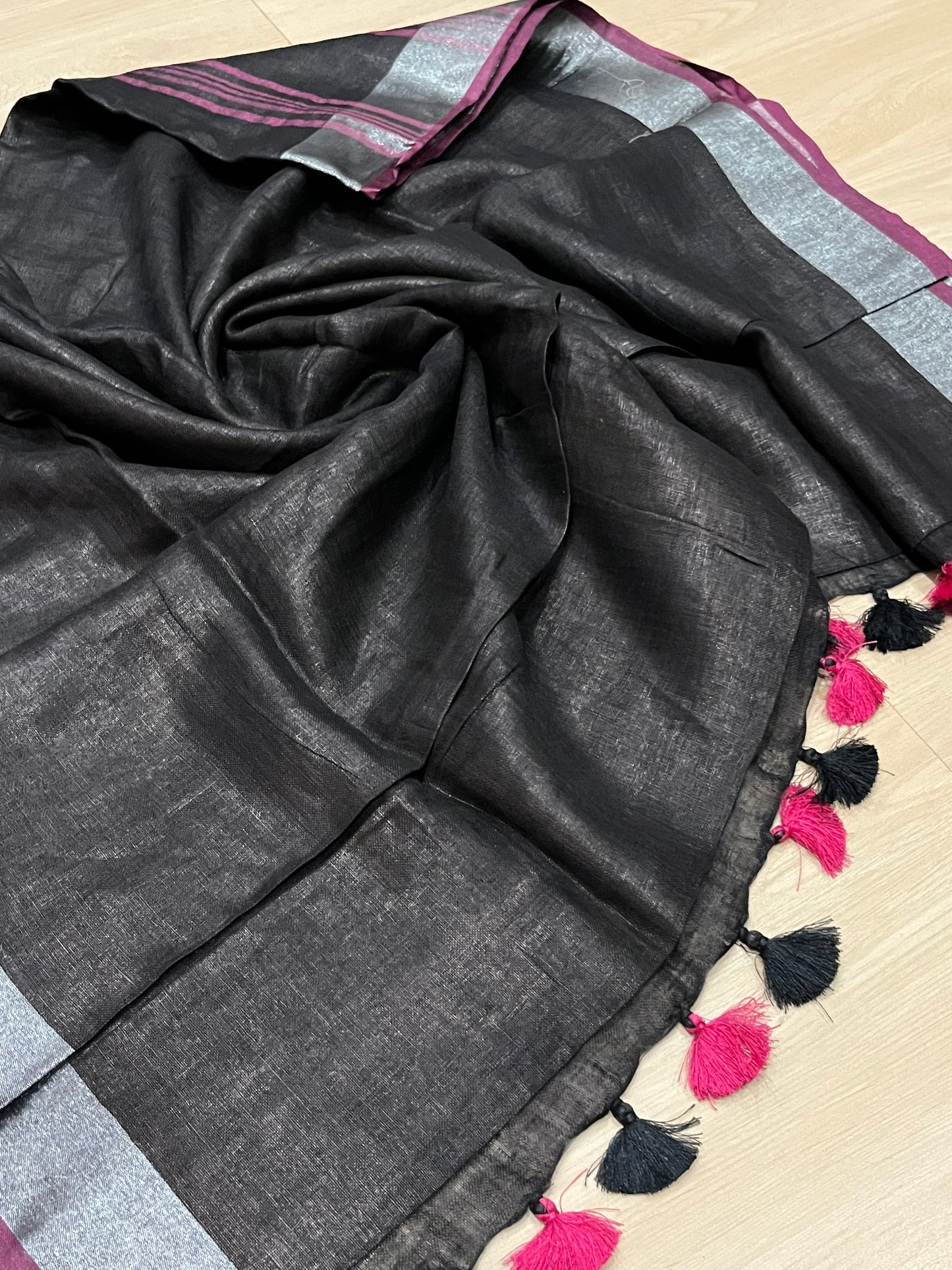 Black Handwoven organic Linen Saree |Silver Zari border| KIHUMS Saree