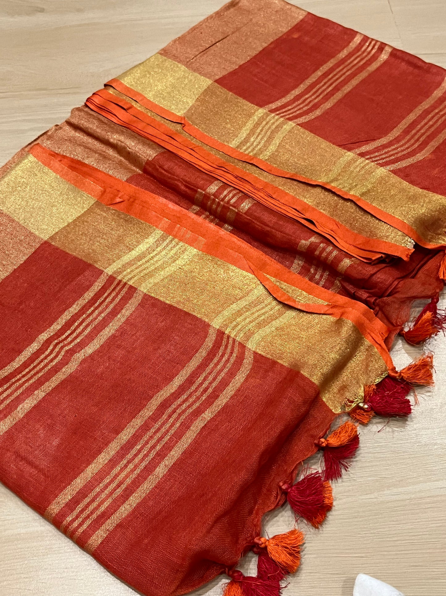 Red Handwoven organic Linen Saree |Gold Zari border| KIHUMS Saree