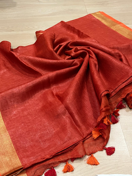 Red Handwoven organic Linen Saree |Gold Zari border| KIHUMS Saree