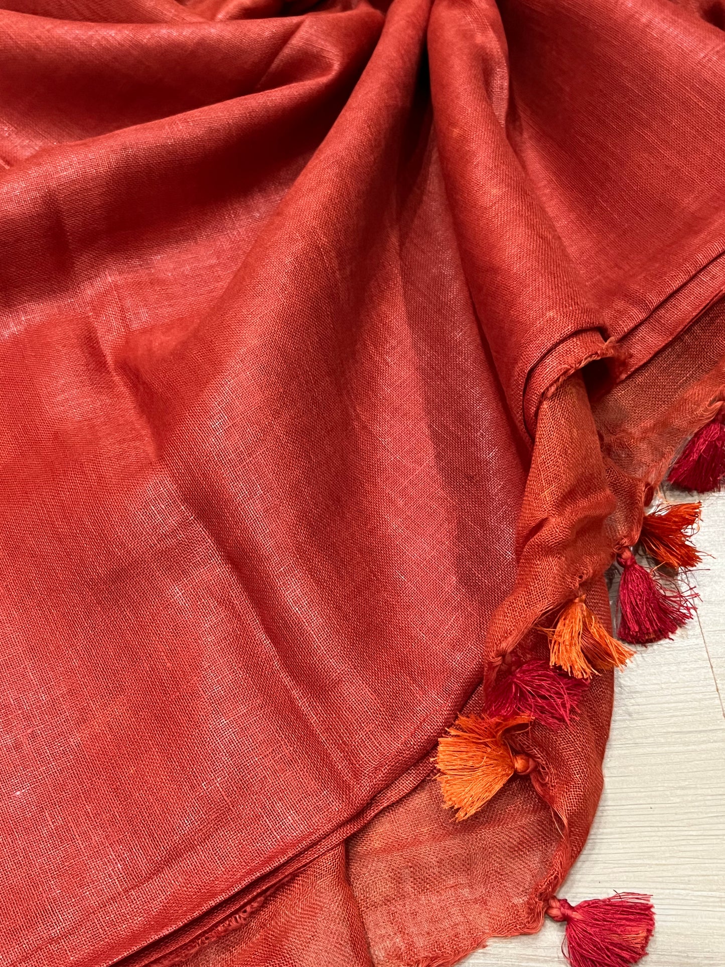 Red Handwoven organic Linen Saree |Gold Zari border| KIHUMS Saree