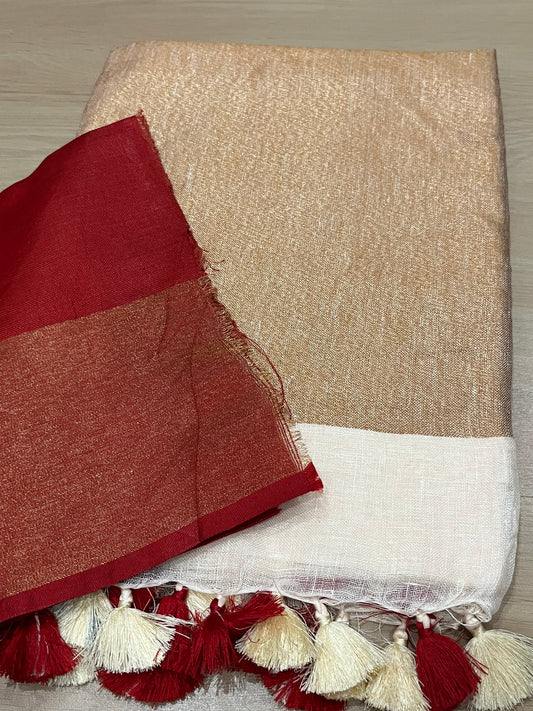 Off white Handwoven organic Linen Saree |Gold Zari border| KIHUMS Saree