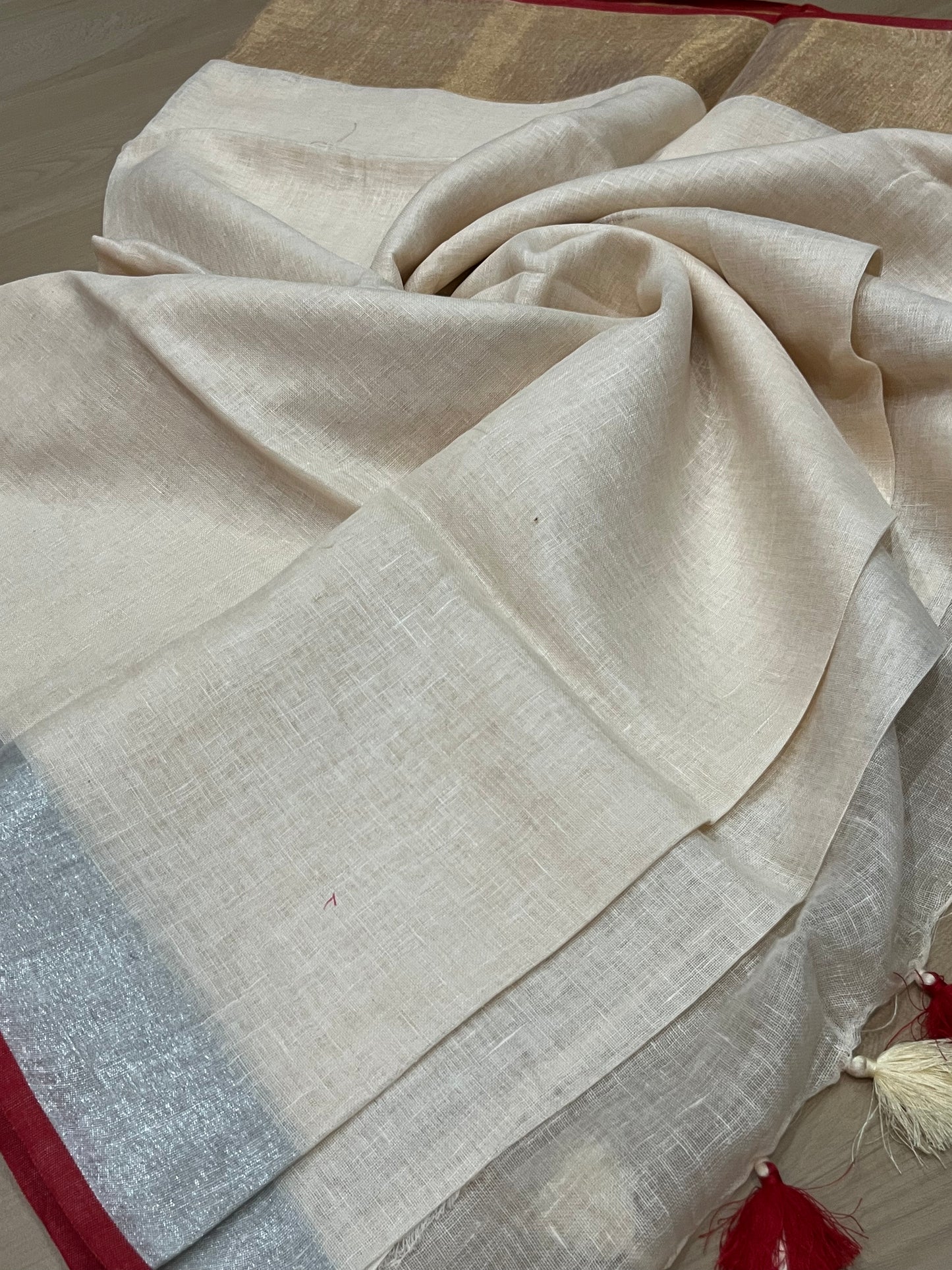 Off white Handwoven organic Linen Saree |Gold Zari border| KIHUMS Saree