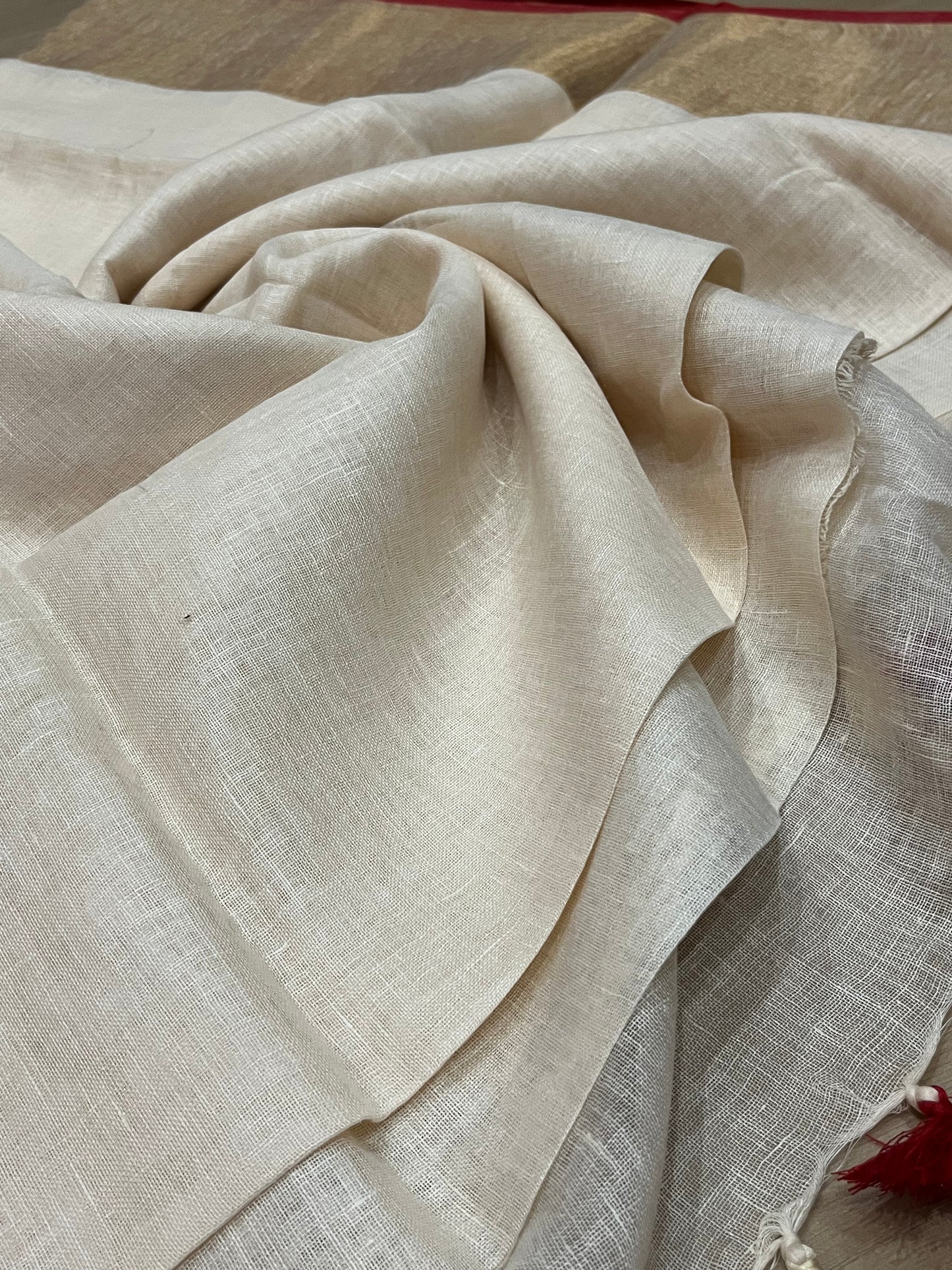 Off white Handwoven organic Linen Saree |Gold Zari border| KIHUMS Saree