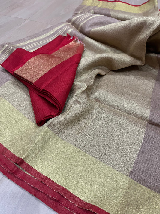 Sand beige Handwoven organic Linen Saree |Gold Zari border| KIHUMS Saree