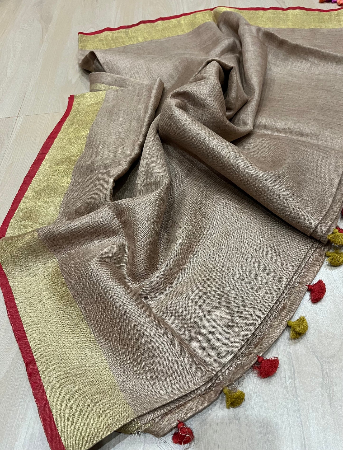 Sand beige Handwoven organic Linen Saree |Gold Zari border| KIHUMS Saree