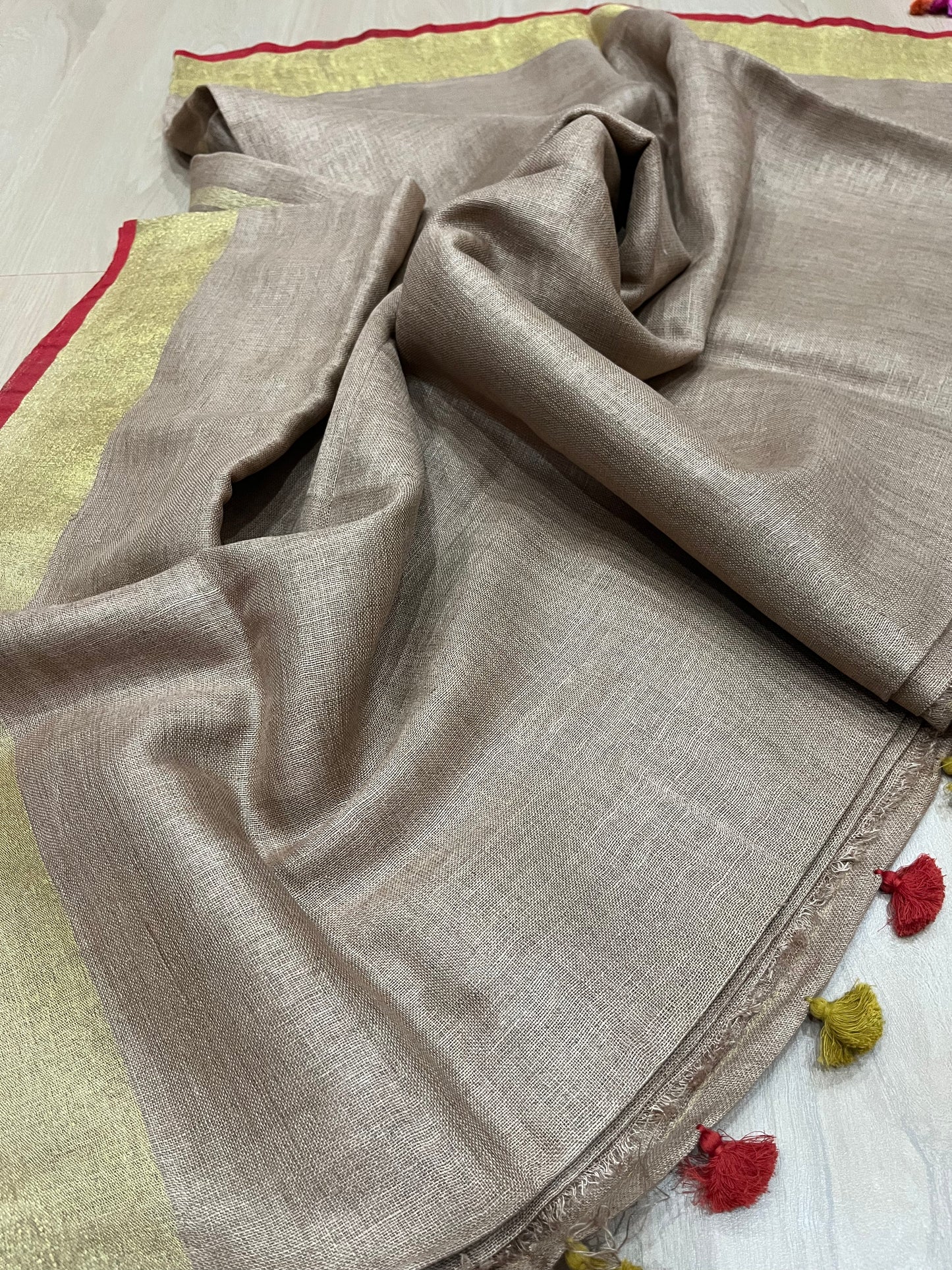 Sand beige Handwoven organic Linen Saree |Gold Zari border| KIHUMS Saree