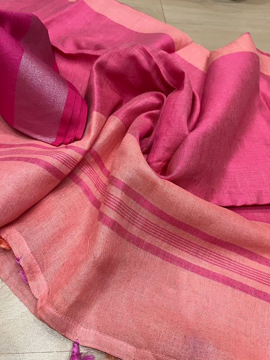 Salmon Shade Handwoven organic Linen Saree |Silver Zari border| KIHUMS Saree