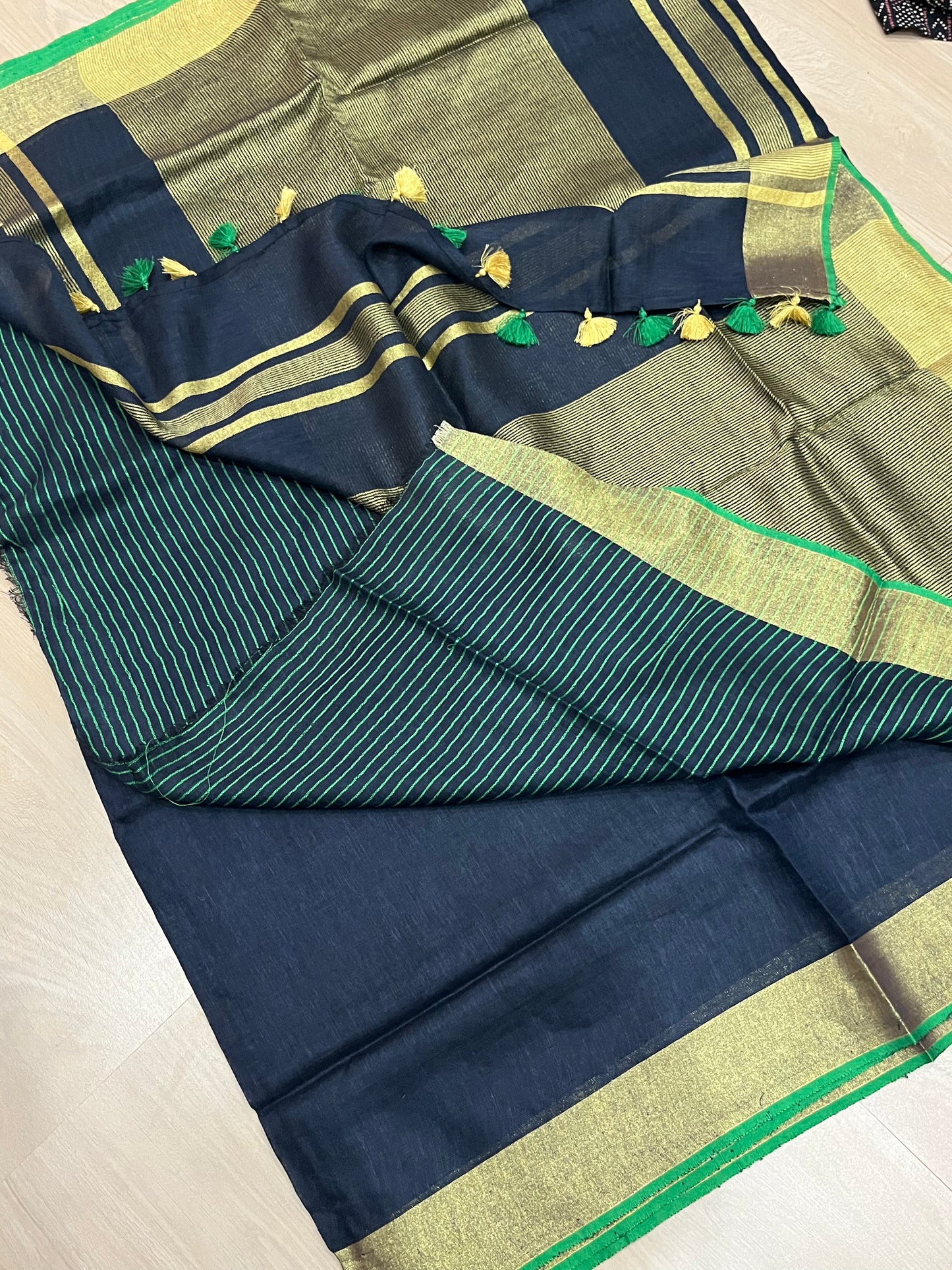Blue Shade Handwoven organic Linen Saree | Gold Zari border| KIHUMS Saree