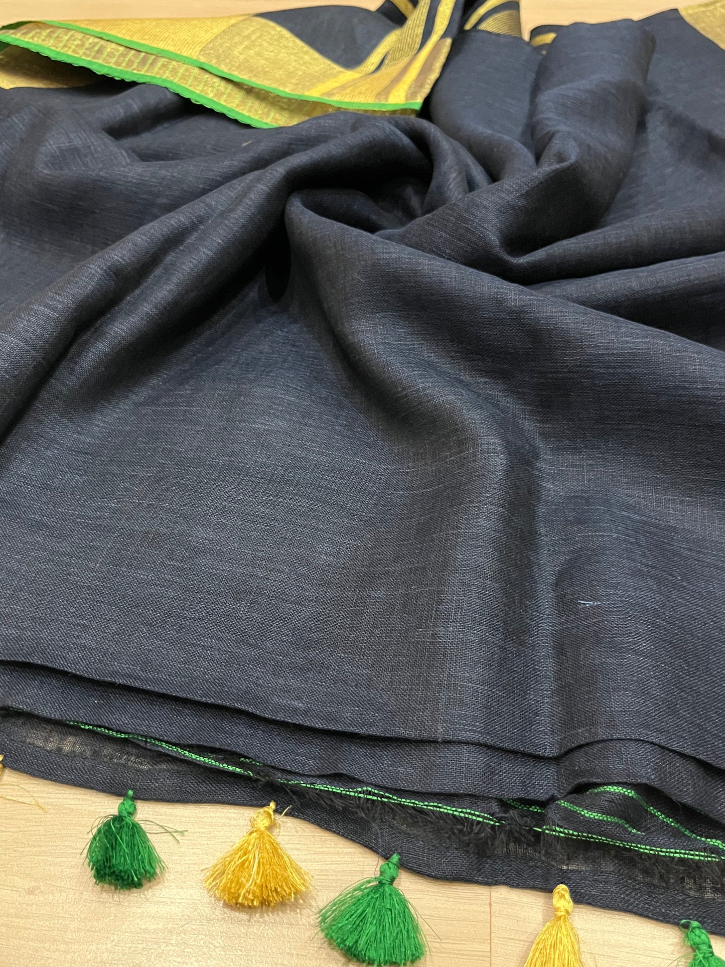 Blue Shade Handwoven organic Linen Saree | Gold Zari border| KIHUMS Saree