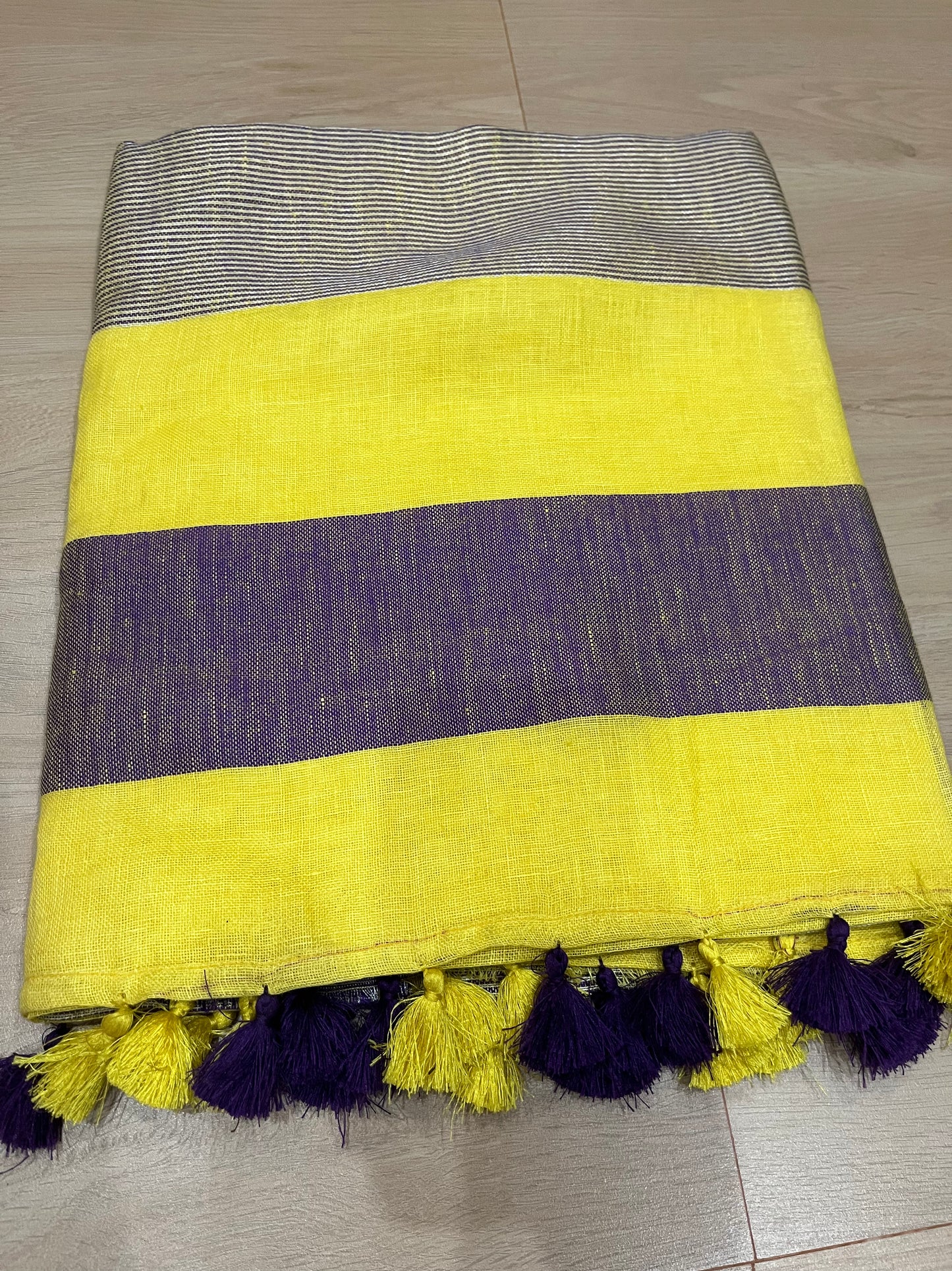 Yellow Shade Handwoven organic Linen Saree | Silver Zari border| KIHUMS Saree