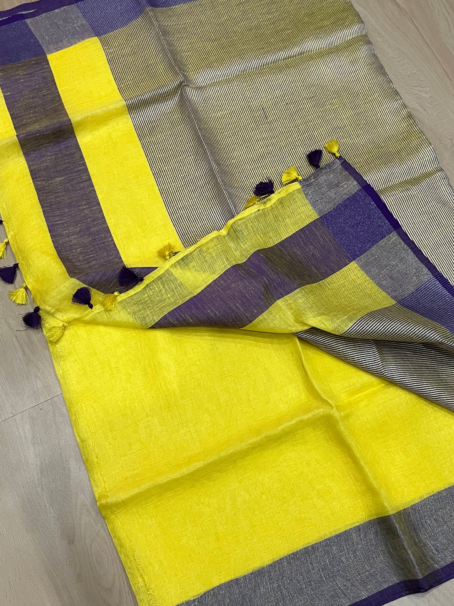 Yellow Shade Handwoven organic Linen Saree | Silver Zari border| KIHUMS Saree