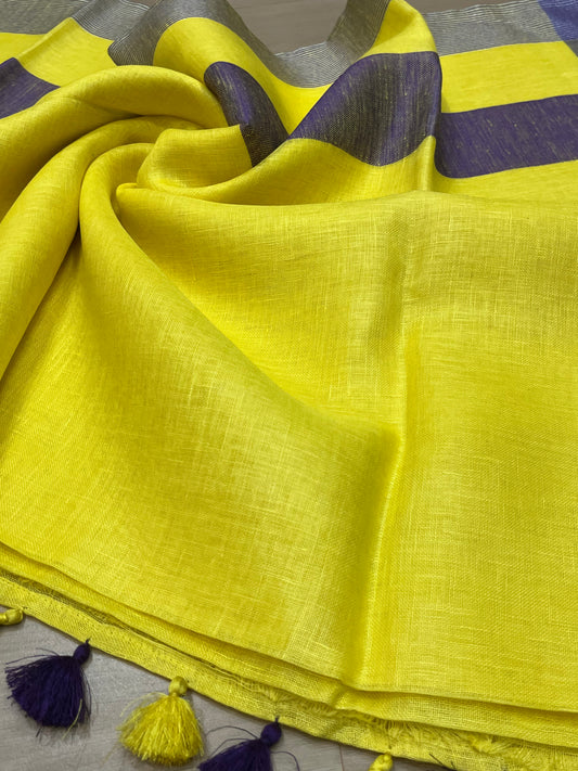 Yellow Shade Handwoven organic Linen Saree | Silver Zari border| KIHUMS Saree