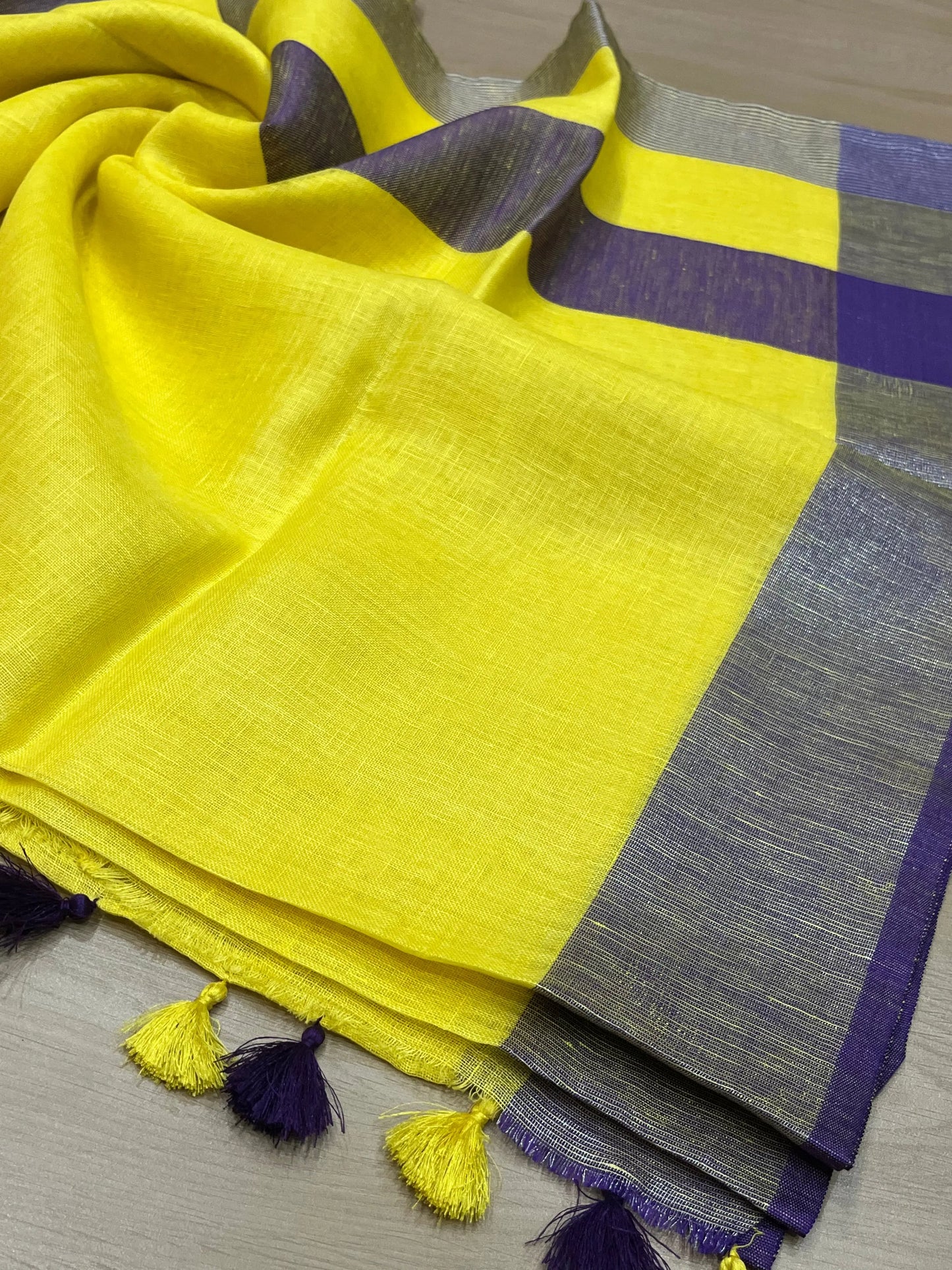 Yellow Shade Handwoven organic Linen Saree | Silver Zari border| KIHUMS Saree