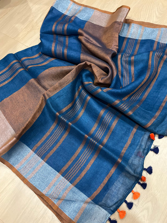 Blue Shade Handwoven organic Linen Saree | Silver Zari border| KIHUMS Saree