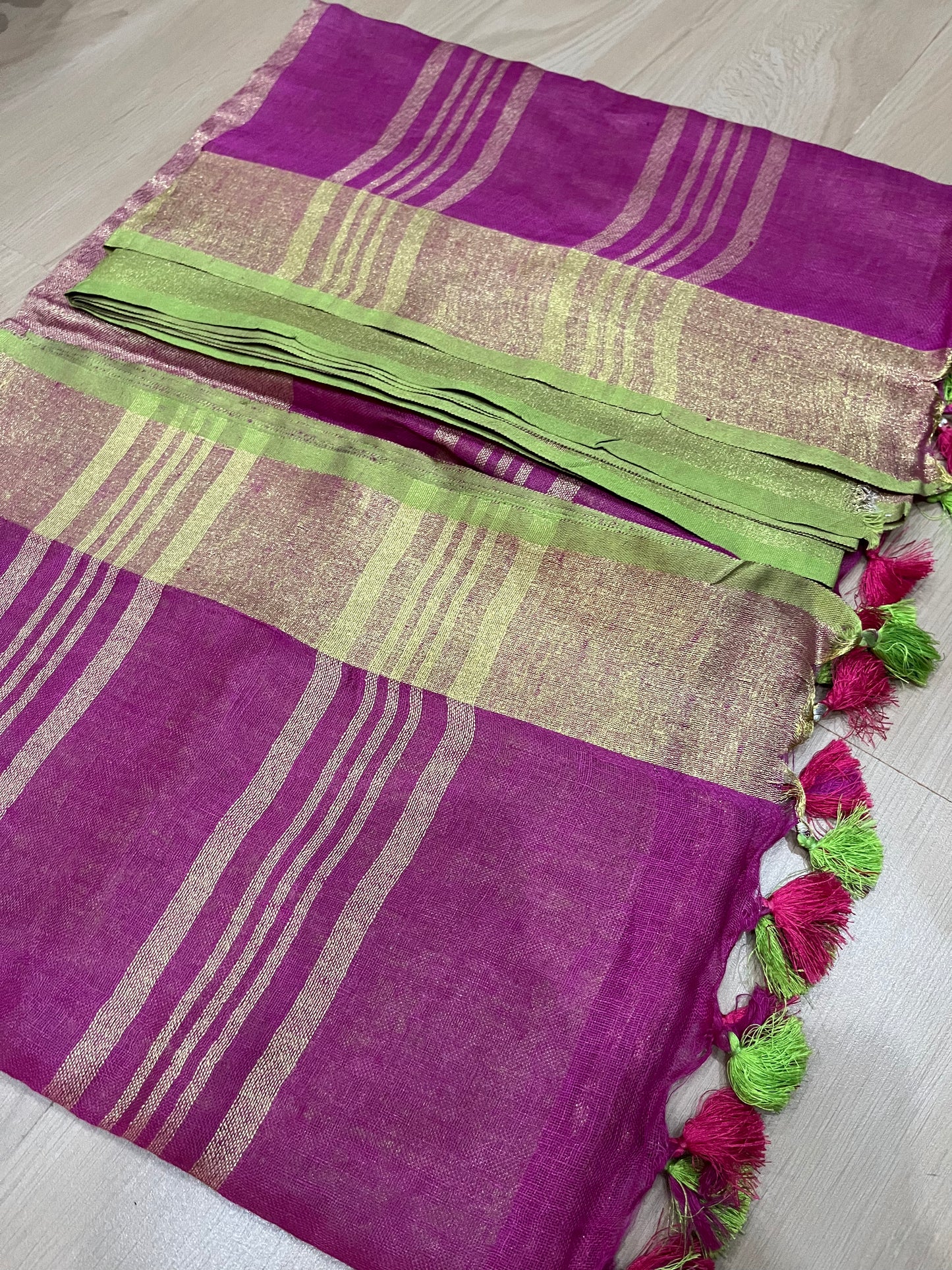 Magenta Shade Handwoven organic Linen Saree | Silver Zari border| KIHUMS Saree