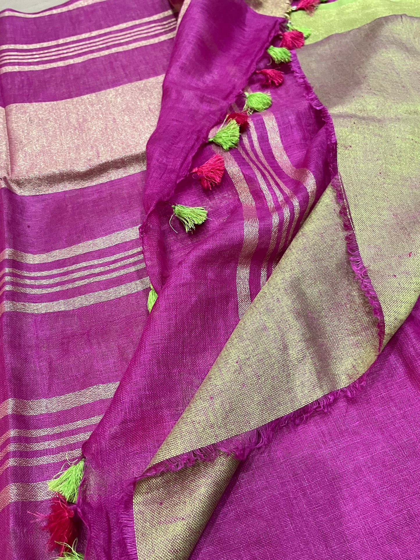 Magenta Shade Handwoven organic Linen Saree | Silver Zari border| KIHUMS Saree