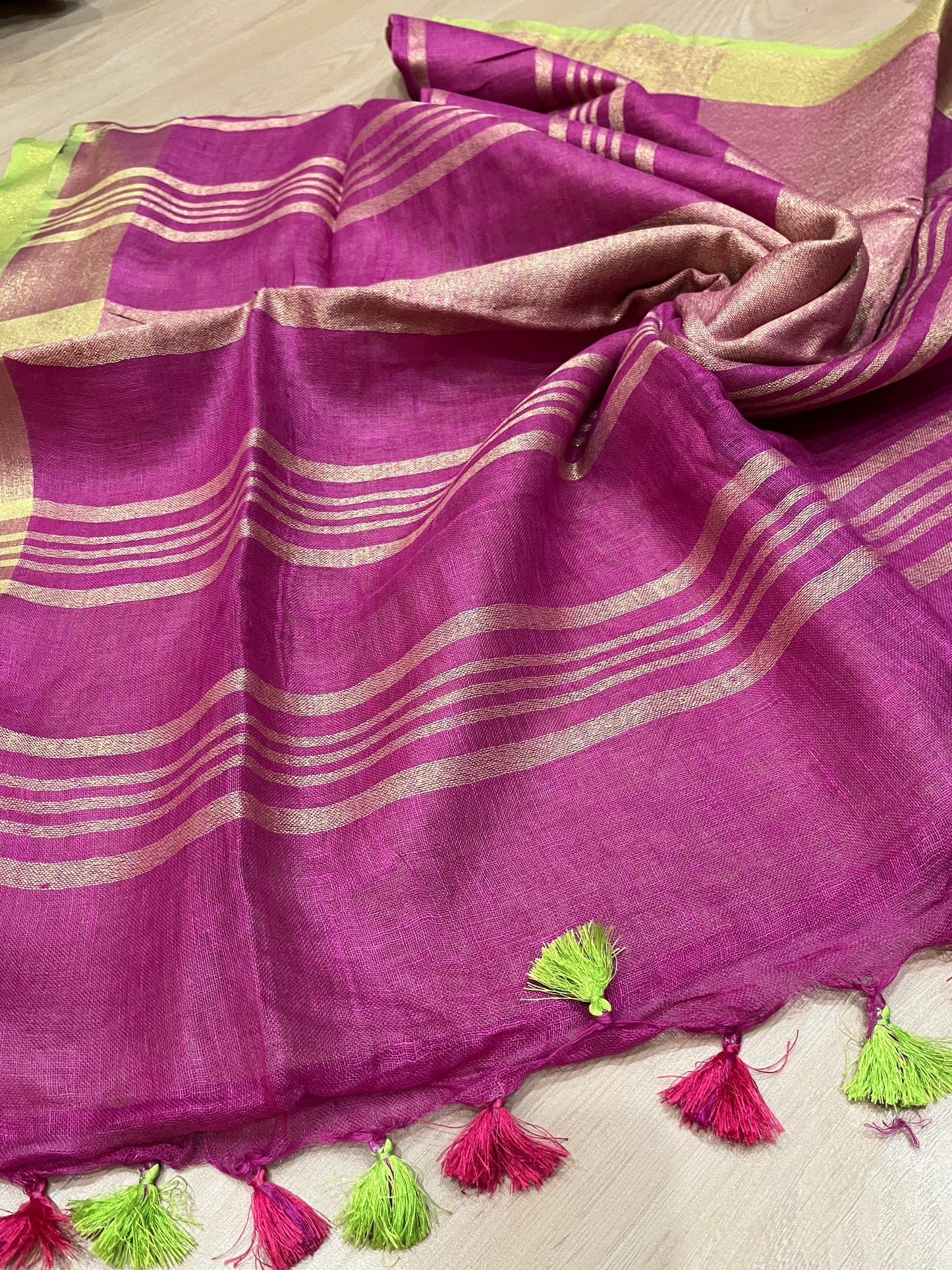 Magenta Shade Handwoven organic Linen Saree | Silver Zari border| KIHUMS Saree