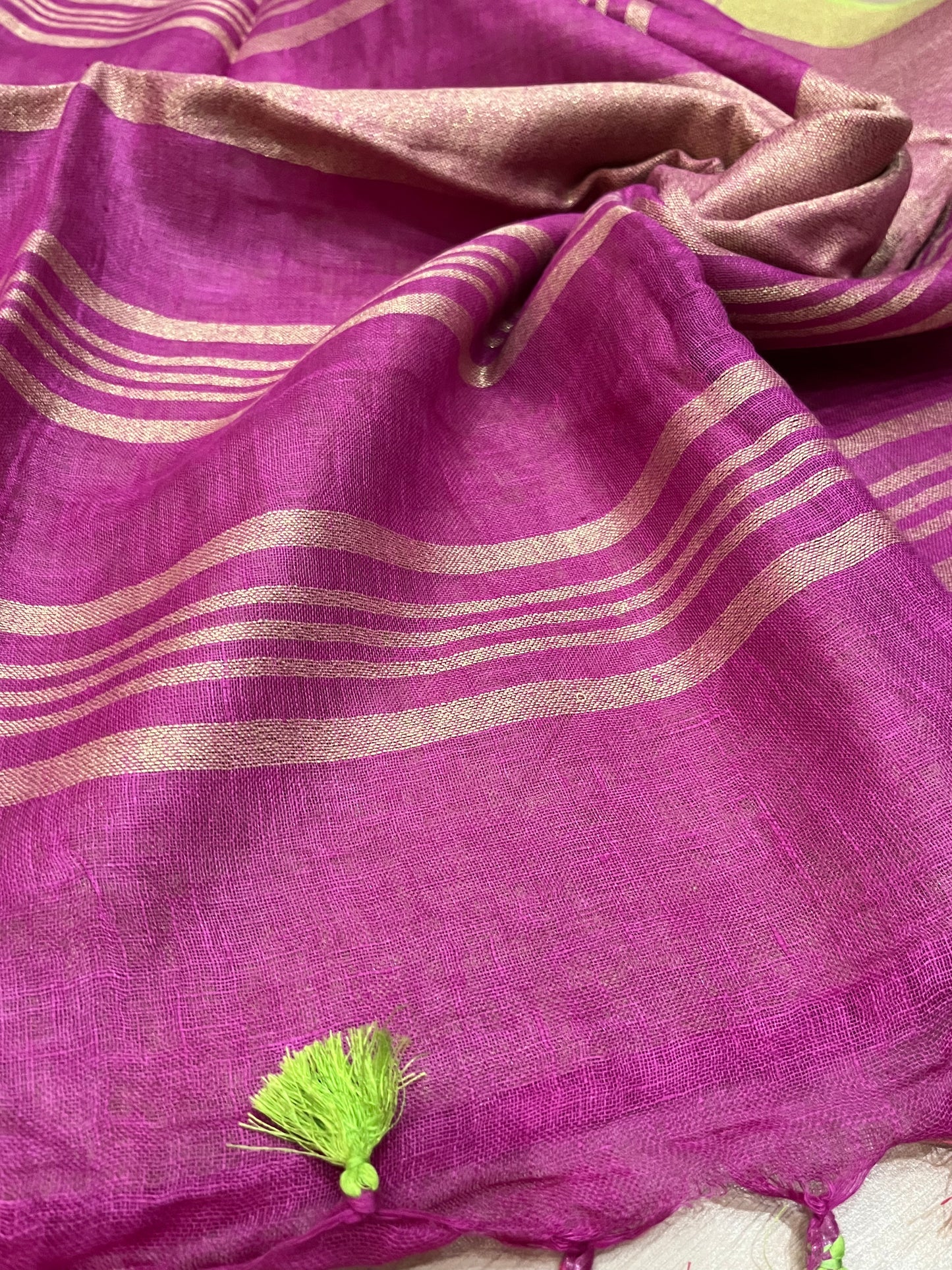 Magenta Shade Handwoven organic Linen Saree | Silver Zari border| KIHUMS Saree