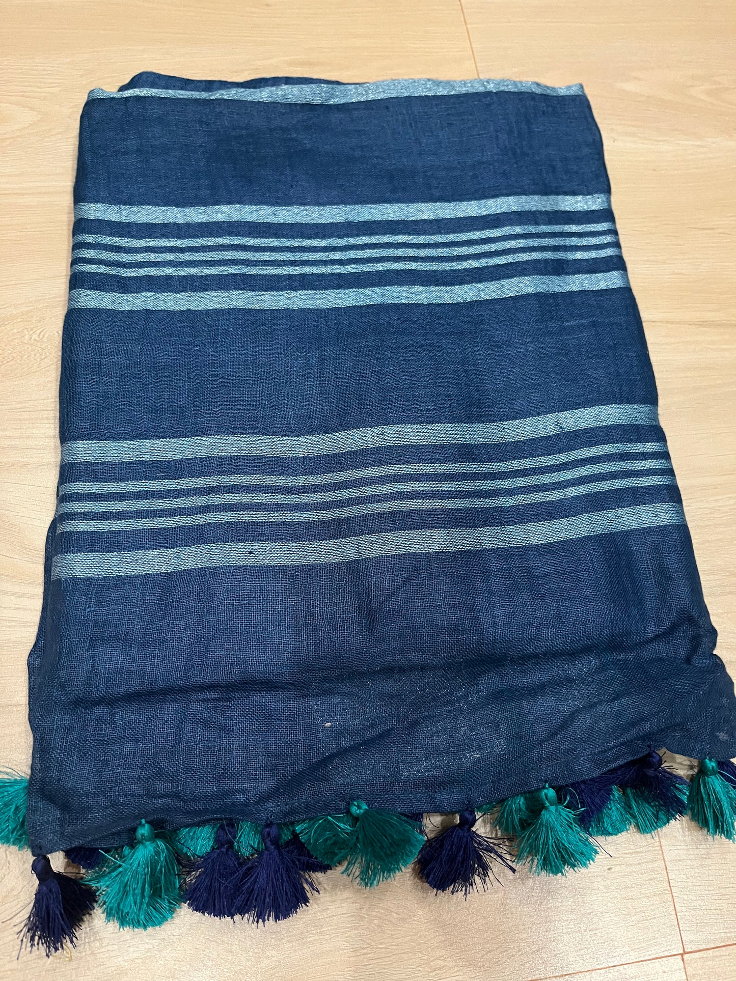 Blue Shade Handwoven organic Linen Saree | Silver Zari border| KIHUMS Saree