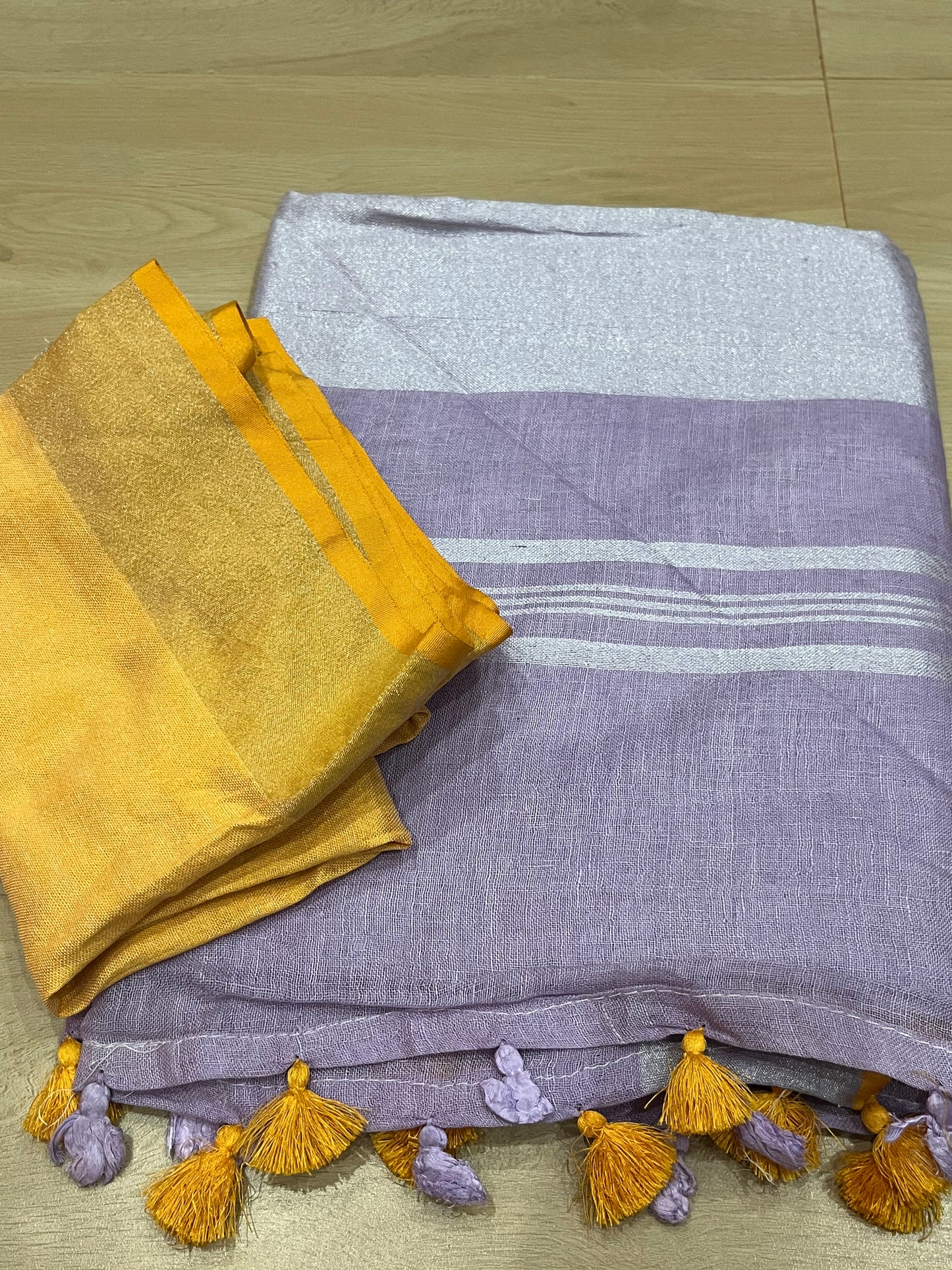 Light Lavender shade Handwoven organic Linen Saree | Silver Zari border| KIHUMS Saree