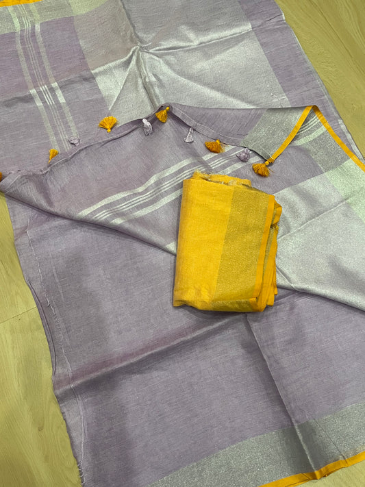 Light Lavender shade Handwoven organic Linen Saree | Silver Zari border| KIHUMS Saree