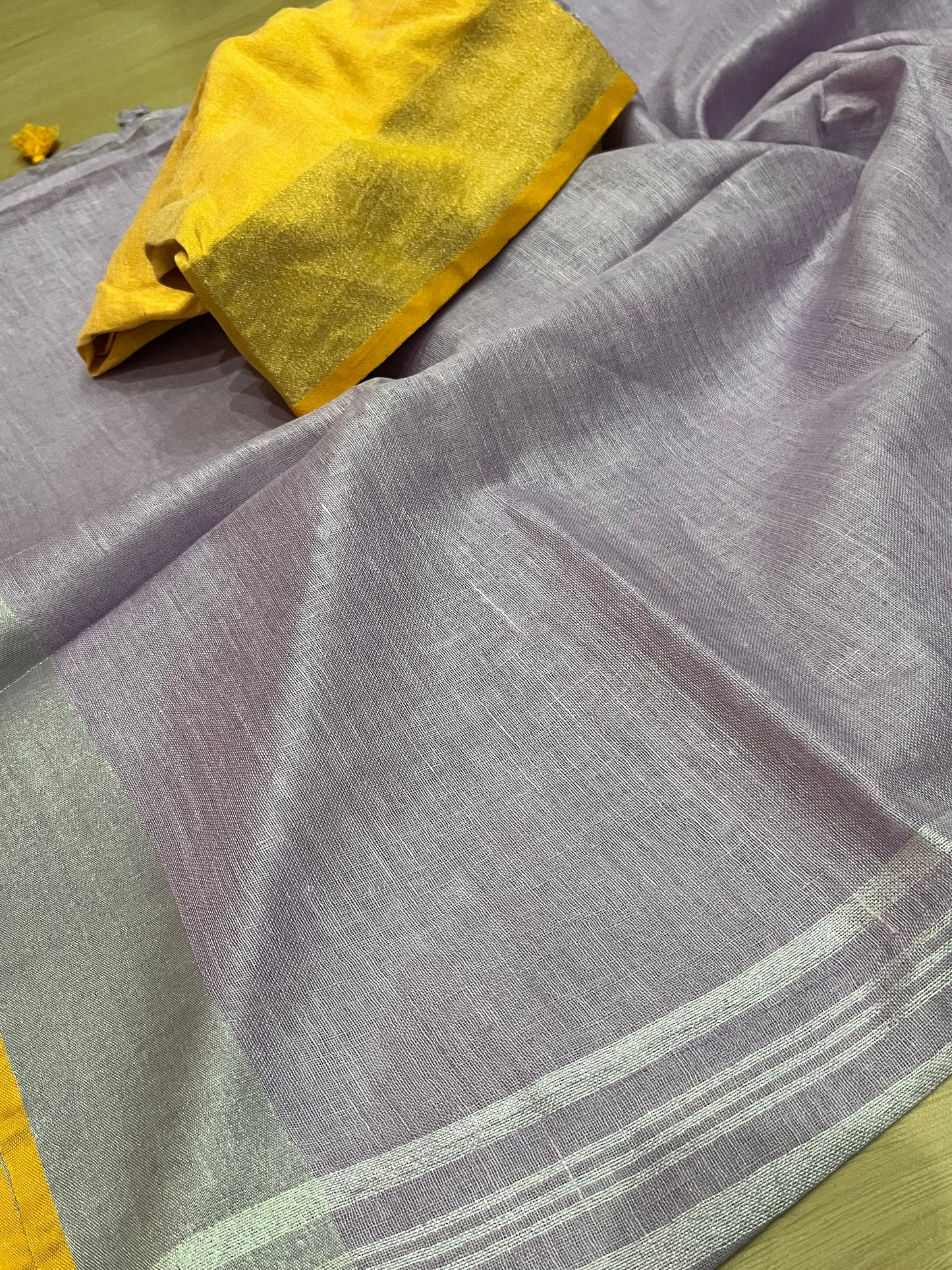 Light Lavender shade Handwoven organic Linen Saree | Silver Zari border| KIHUMS Saree