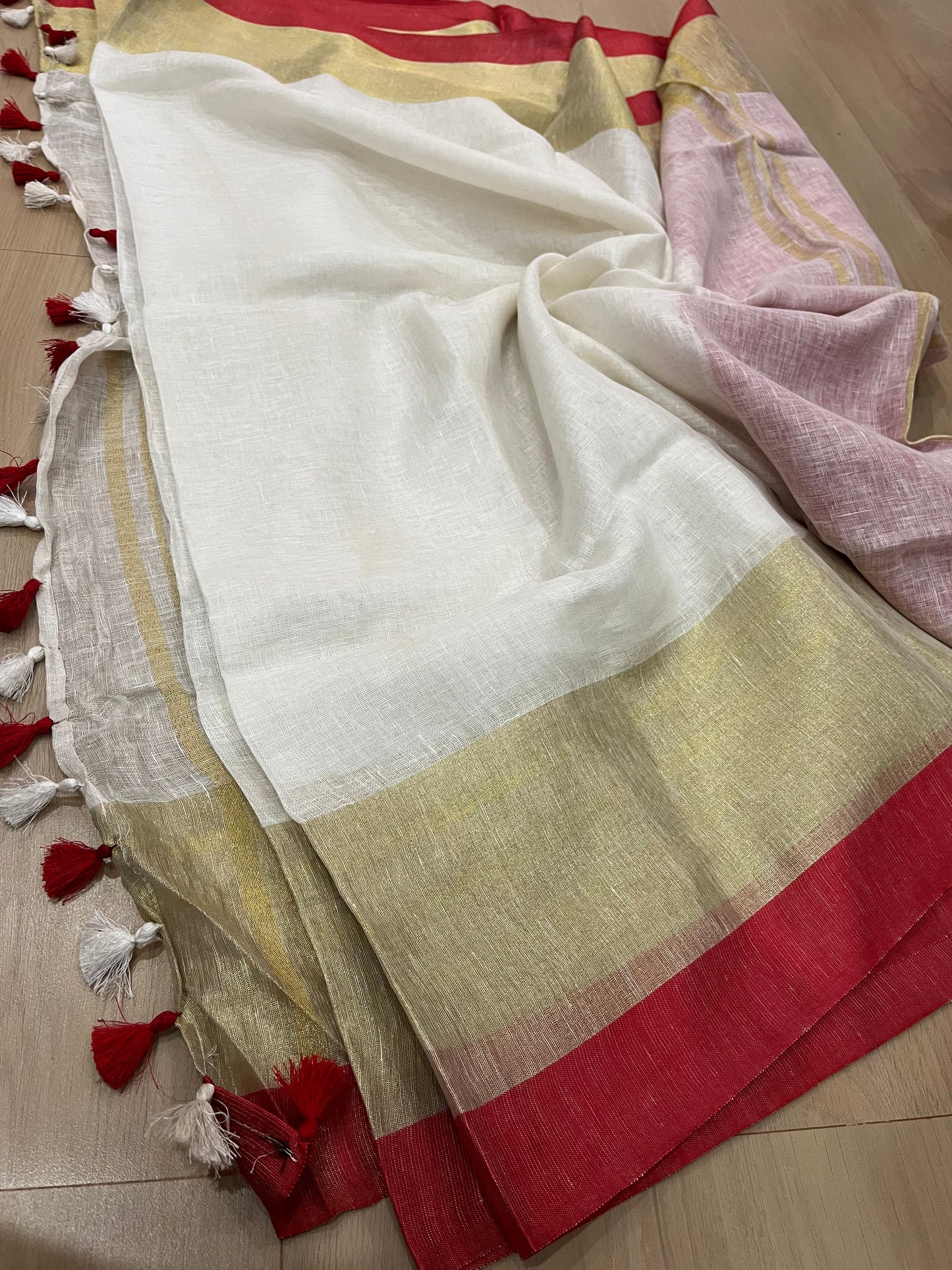 White shade Handwoven organic Linen Saree | Gold Zari border| KIHUMS Saree