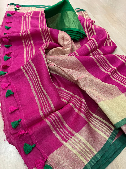 Bright Pink Handwoven organic Linen Saree | Gold Zari border| KIHUMS Saree