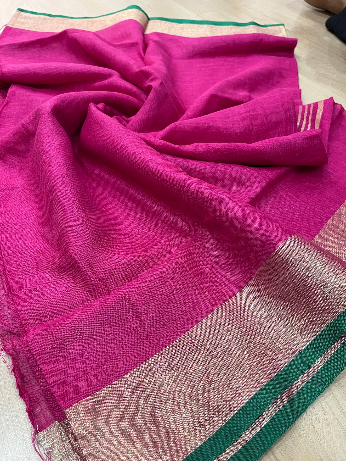 Bright Pink Handwoven organic Linen Saree | Gold Zari border| KIHUMS Saree