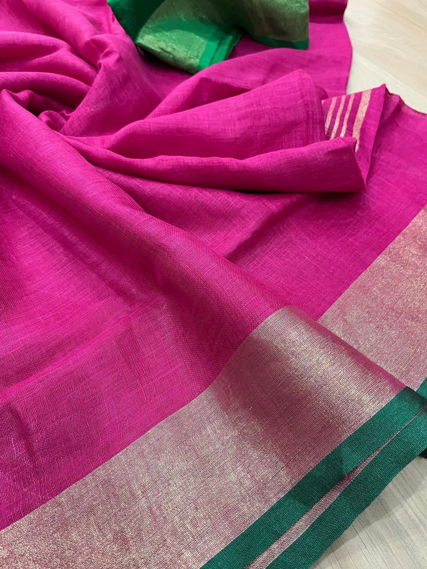 Bright Pink Handwoven organic Linen Saree | Gold Zari border| KIHUMS Saree
