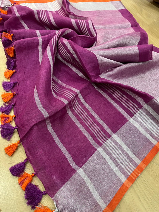 Magenta Handwoven organic Linen Saree | Silver Zari border| KIHUMS Saree