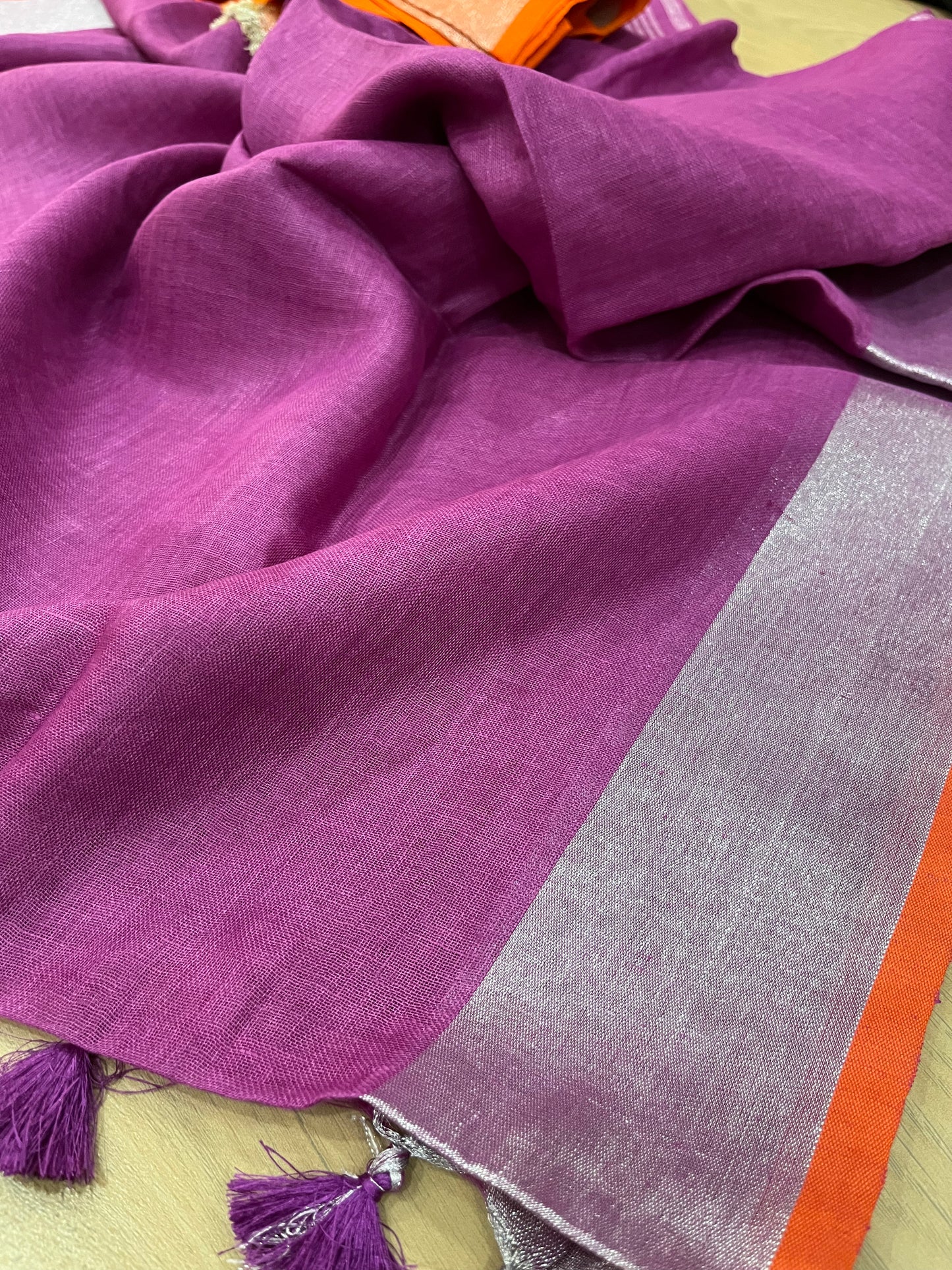 Magenta Handwoven organic Linen Saree | Silver Zari border| KIHUMS Saree